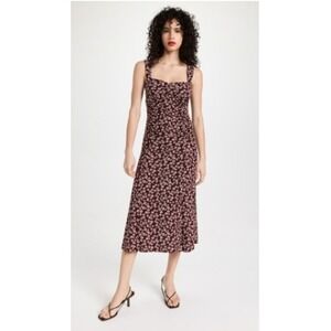 Reformation Suvi Knit Ruched Midi Dress Burgundy Daisy Floral Square Neck M